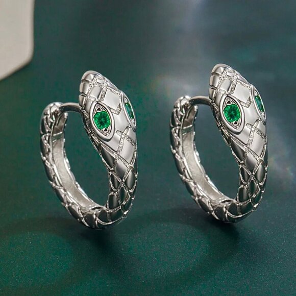 NWT Huggie Hoop Snake Earrings 14K Gold Plated Green CZ Minimalist Dainty - Picture 3 of 10